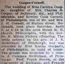 Part 1 Marriage Notice for Rowley Cook CORNELL to Carolyn Cooper, 9 Apr 1927