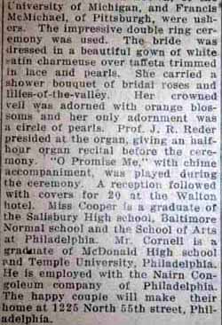 Part 2 Marriage Notice for Rowley Cook CORNELL to Carolyn Cooper, 9 Apr 1927