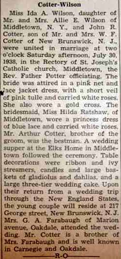 Marriage notice for John R. COTTER to Ida A. Wilson, 30 Jul 1938