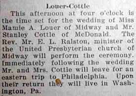 Marriage Notice for Stanley COTTLE to Mamie A. Louer, no date, in 7-18-1929 paper