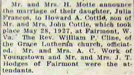 Howard A. COTTLE to Julia Frances Motte, 28 May 1927