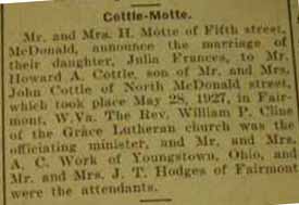Marriage Notice for  Howard A. COTTLE to Julia Frances Motte, 28 May 1927