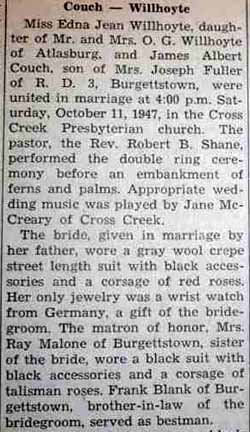 Part 1 Marriage Notice for James Albert COUCH to Edna Jean Willhoyte, 11 Oct 1947