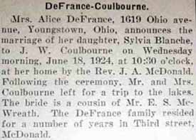 Marriage Notice for J. W. COULBOURNE to Sylvia Blanche DeFrance, 18 Jun 1924