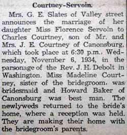Marriage Notice for Charles COURTNEY to Florence Servoin, 6 Nov 1934