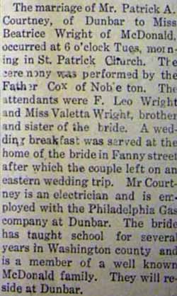 Marriage Notice for Patrick A. COURTNEY to Beatrice Wright, no date, in 11-12-1913 paper