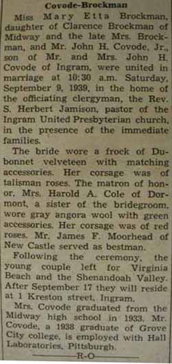 Marriage Notice for John H. COVODE, Jr. to Mary Etta Brockman, 9 Sep 1939