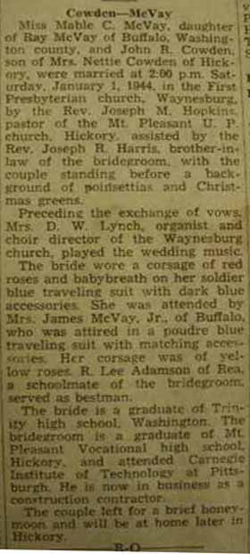 Marriage Notice for John R. COWDEN to Mable C. McVay, 1 Jan 1944