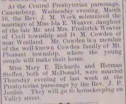 Marriage Notice for  D. M. Cowden to Miss Ida E. Weaver, March 16, 1910