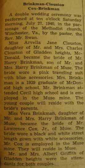 Marriage Notice for Lawrence COX, Jr. to Vera Brinkman, 27 Jul 1940