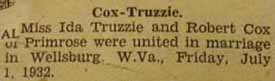 Marriage Notice for Robert COX to Ida Truzzie, 1 Jul 1932