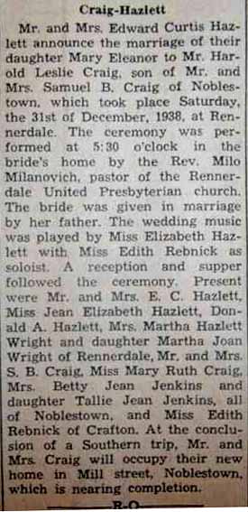 Marriage Notice for Harold Leslie CRAIG to Mary Eleanor Hazlett, 31 Dec 1938