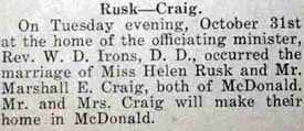 Marriage Notice for Marshall E. CRAIG to Helen Rusk, 31 Oct 1922