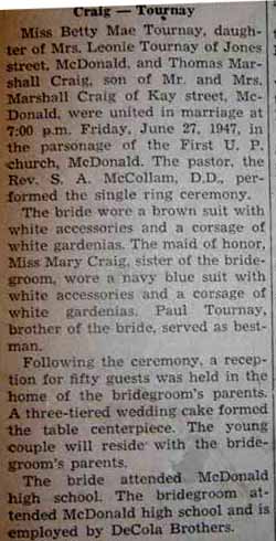 Marriage Notice for Thomas Marshall CRAIG to Betty Mae Tournay, 27 Jun 1947