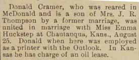 Marriage Notice for Donald CRAMER to Emma Huckstep, 25 Aug 1908