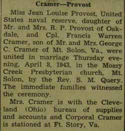 Marriage Notice for Francis Warren CRAMER to Jean Louise Provost, 8 Apr 1943