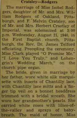 Part 1 Marriage notice for F. Melvin CRATSLEY to Isobel Rodgers, 21 Aug 1940