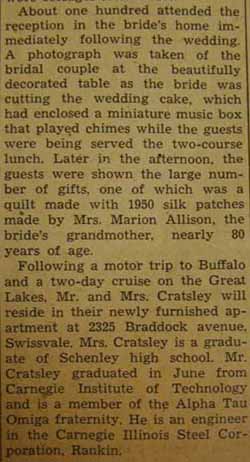 Part 3 Marriage notice for F. Melvin CRATSLEY to Isobel Rodgers, 21 Aug 1940