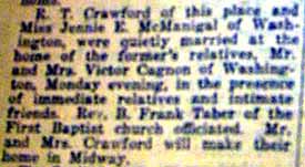Marriage Notice for R. T. CRAWFORD to Jennie E. McManigal, no date, in 5-5-1917 paper