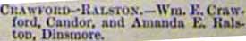 Marriage Notice for Wm. E. CRAWFORD to Amanda E. Ralston, no date, in 2-6-1897 paper
