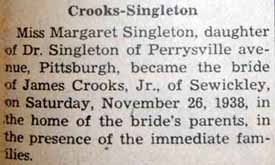 Marriage Notice for James CROOKS, Jr. to Margaret Singleton, 26 Nov 1938