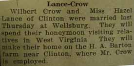 Marriage Notice for Wilbert CROW to Hazel Lance, Thurs., 13 or 20 Sep 1928