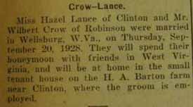 Marriage Notice for Wilbert CROW to Hazel Lance, Thurs., 13 or 20 Sep 1928