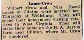 Wedding notice for Wilbert CROW to Hazel Lance, Thurs. 13 or 20 Sep 1928
