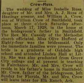 Marriage Notice for William A. CROW to Isabelle Russ, 17 Mar 1928