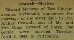 Marriage Notice for Arthur CROWELL to Zela Mortrey, 6 Apr 1943