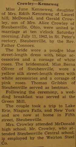 Marriage Notice for Gerald CROWLEY to June Kenneweg, 11 Jul 1942