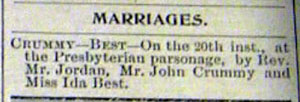 Marriage Notice for John CRUMMY to Ida Best, 20 Jun 1894