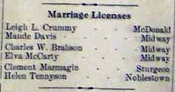 LICENSE for Leigh L. CRUMMY to Maude DAVIS in 11-27-1914 newspaper - license