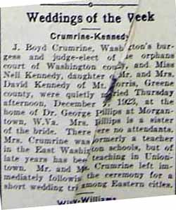 Marriage Notice for J. Boyd CRUMRINE to Miss Nell KENNEDY, Thurs., Dec. 2nd?, 1923