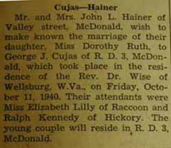 Marriage Notice for George J. CUJAS to Dorothy Ruth Hainer, 11 Oct 1940