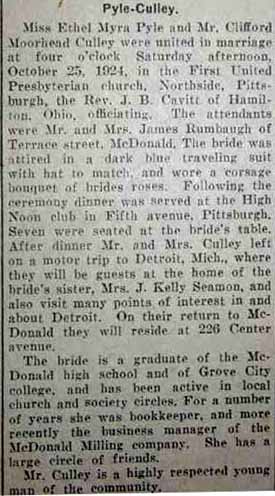 Marriage Notice for Clifford Moorhead CULLEY to Ethel Myra Pyle, 25 Oct 1924