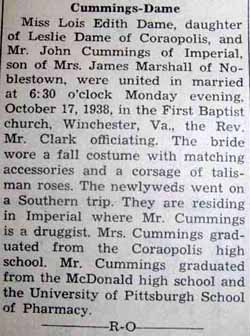 Marriage Notice for John CUMMINGS to Lois Edith Dame, 17 Oct 1938