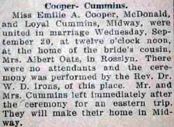 Marriage Notice for Loyal CUMMINS to Emilie A. Cooper, 20 Sep 1927