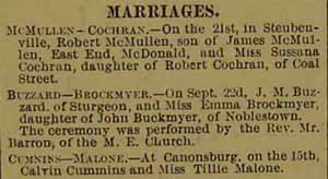 Marriage Notice for Calvin CUMMINS to Tillie Malone, 15 Sep 1897
