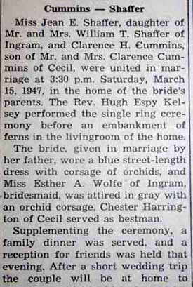 Part 1 Marriage Notice for Clarence H. CUMMINS to Jean E. Shaffer, 15 Mar 1947