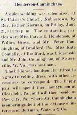 Marriage Notice for Peter CUNNINGHAM to Carrie E. Henderson, 21 Jun 1892