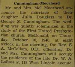 Marriage Notice for George S. CUNNINGHAM to Julia Douglass Moorhead, 10 Oct 1940