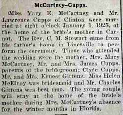 Marriage Notice for Lawrence CUPPS to Mary E. McCartney, 1 Jan 1925