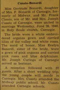Marriage Notice for Frank CUSATO to Gertrude Bonardi, 26 Jun 1940