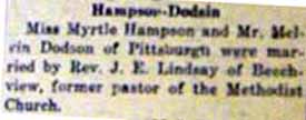 Marriage Notice for Melvin DODSON to Myrtle Hampson, no date, in 8-24-1918 paper