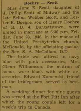 Marriage Notice for Lester R. DOEHRE to June E. Scott, 28 Jun 1946