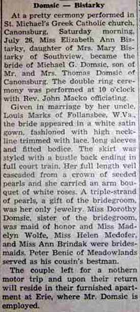 Marriage Notice for Michael G. DOMSIC to Elizabeth Ann Bistarky, 26 Jul 1947