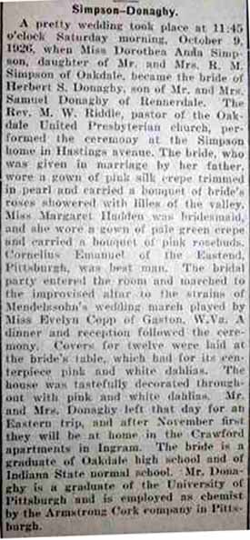 Marriage Notice for Herbert S. DONAGHY to Dorothea Anna Simpson, 9 Oct 1926