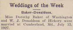 Marriage Notice for W. J. DONALDSON to Dorothy Baker, 15 Jul 1927