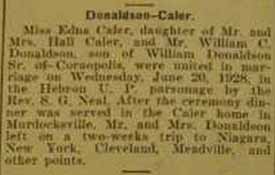Marriage Notice for William C. DONALDSON to Edna Caler, 20 Jun 1928